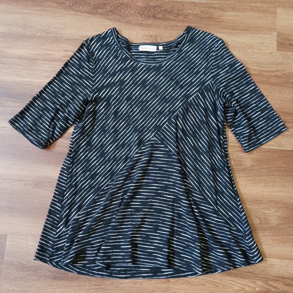 Habitat‎ Black White Striped Tunic Top Elbow Sleeve Cotton Swing Shirt Small